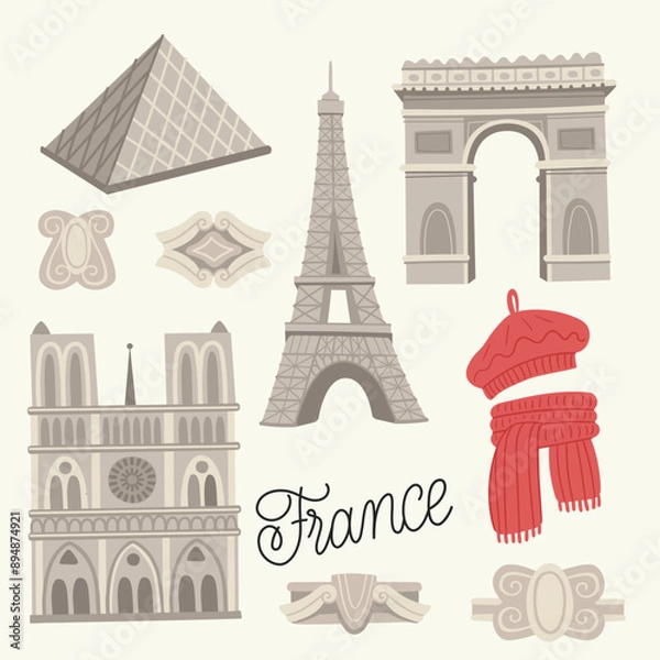 Fototapeta Flat vector illustration with traditional symbols of France, architecture. Paris landmarks. Set with Eiffel Tower, Louvre, Moulin Rouge Cabaret, Notre Dame Cathedral, Arc de Triomphe.
