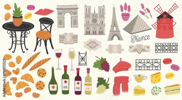 Fototapeta Flat vector illustration with traditional symbols of France, food and architecture. French cuisine. Set with croissant, baguette, beret, pastries, lavender, wine, grapes, cheese