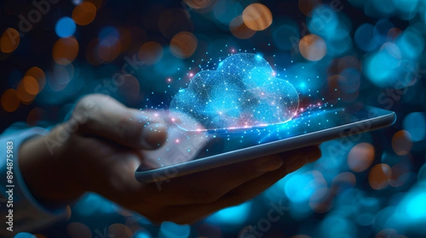 Fototapeta Hand of businessman showing cloud computing on tablet. Generative AI