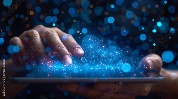 Fototapeta Hand of businessman showing cloud computing on tablet. Generative AI