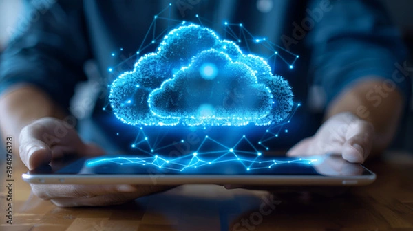 Fototapeta Hand of businessman showing cloud computing on tablet. Generative AI