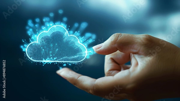 Fototapeta Hand pressing a cloud computing icon copy space. Generative  AI