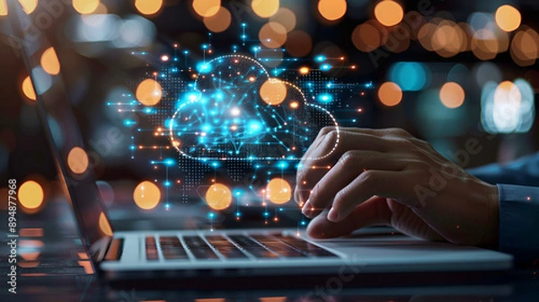 Fototapeta Hand showing laptop computer with cloud network Computer. Generative AI