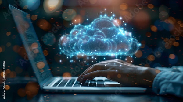 Fototapeta Hand showing laptop computer with cloud network Computer. Generative AI