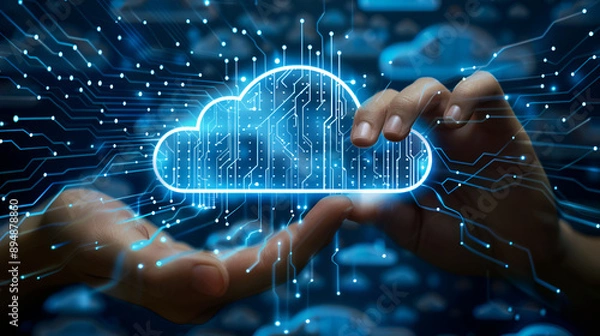 Fototapeta Hand touching infographic cloud computing and technology\. Generative AI