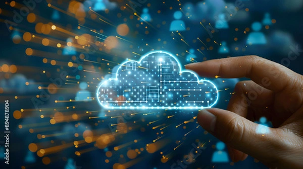 Fototapeta Hand touching infographic cloud computing and technology\. Generative AI
