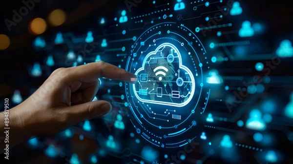 Fototapeta Hand touching infographic cloud computing and technology. Generative AI