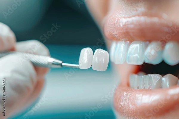 Obraz Veneers enhancing jaw aesthetics, showing thorough cleaning processes, selective focus, cosmetic dentistry, ethereal, composite, dental studio