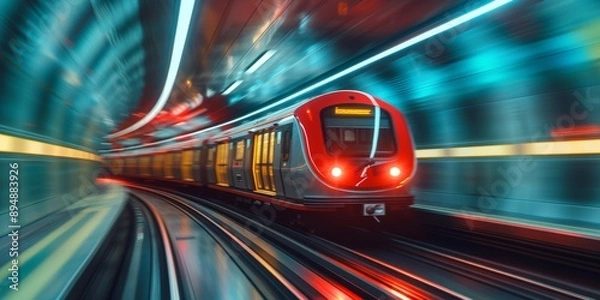 Fototapeta Metro train rushes through brightly lit tunnel, capturing motion blur essence of rapid urban transit in a futuristic setting, evoking sense of progress and relentless pace of urban environments