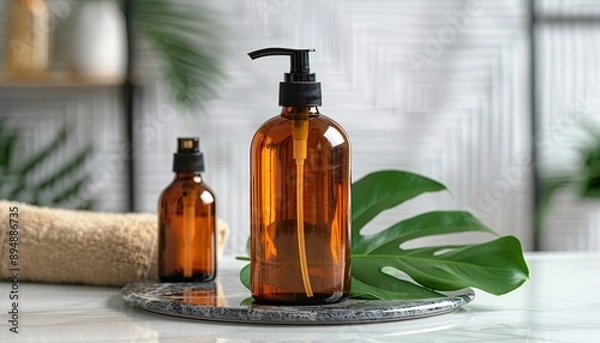Fototapeta Amber bottle with pump and green leaf on marble.