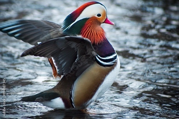 Obraz Mandarin duck spreading wings