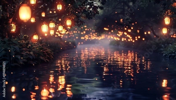 Obraz A cluster of lanterns drifting over a river, their reflections creating a shimmering path of light on the water.