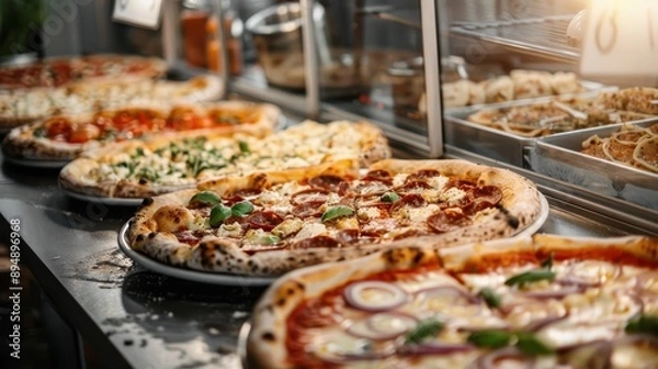 Fototapeta An array of freshly baked pizzas, topped with various ingredients like cheese, pepperoni, and basil, are steaming on display in a pizzeria, ready to be served to customers.