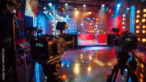 Fototapeta Two professional cameras are set up on tripods, recording a live event on a brightly lit stage.