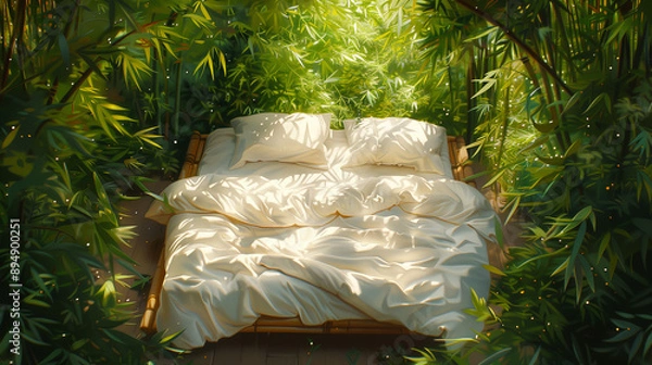 Fototapeta White comfortable bed in bamboo forest, illustration