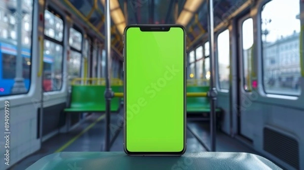 Fototapeta mobile telephone with a vertical green screen in tram chroma key smartphone technology cell phone, empty, message, travel, public, white, mockup, social, wireless, space,