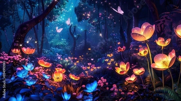 Fototapeta Enchanted garden with vibrant, glowing flowers and whimsical, magical creatures