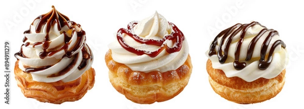 Obraz Three cupcakes with different toppings, one with chocolate on a transparent background.