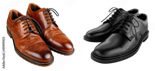 Obraz Two shoes, one brown and one black, are shown side by side on a transparent background.