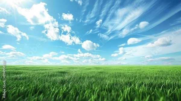 Fototapeta Green field with blue sky backdrop
