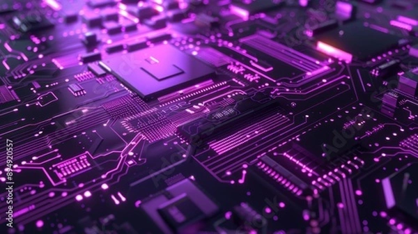 Fototapeta Futuristic Circuit Board with Glowing Purple Lines - Abstract Technology Background - A close-up of a futuristic circuit board with glowing purple lines, symbolizing innovation, technology
