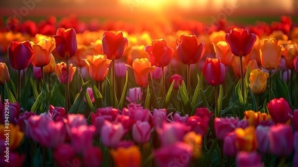 Fototapeta A vibrant field of multicolored tulips bathed in the warm glow of a sunset; perfect for themes of nature, beauty, tranquility, and rejuvenation,