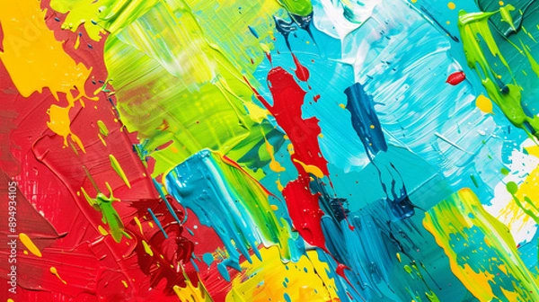 Fototapeta Dynamic abstract background with bold splashes of crimson, turquoise, and lime green paint, creating a lively and engaging visual effect