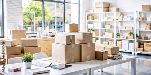 Fototapeta Small Business Workspace with Packed Orders Ready for Shipping. Bright and airy workspace of a small online business with shelves full of cardboard boxes, packaged orders ready for shipment.