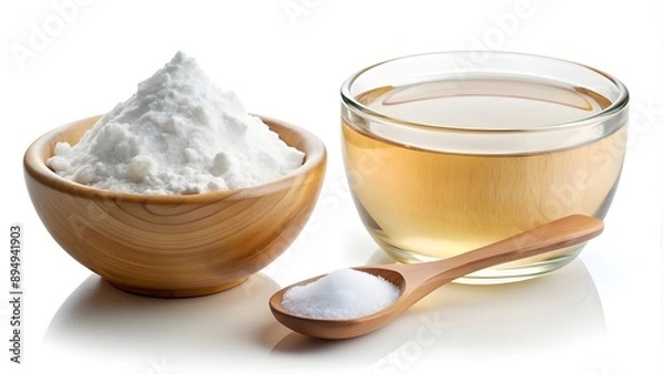 Fototapeta Vinegar and baking soda isolated on white   
