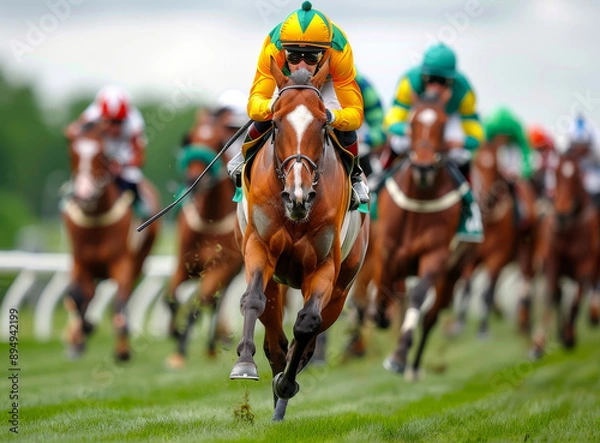 Fototapeta Neck-and-Neck to the Finish Line: The thrill of horse racing captured in a dynamic shot, featuring a pack of thoroughbreds racing towards victory on a lush green track. 