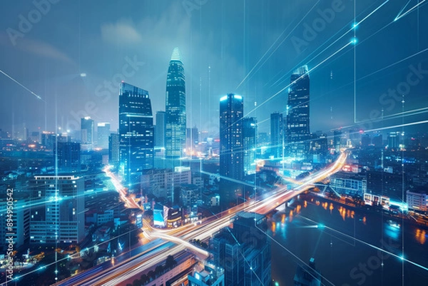 Fototapeta Ho Chi Minh city in Vietnam with smart city and communication network concept. Wireless telecommunication communication technology.
