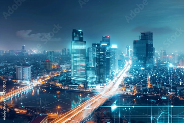 Fototapeta Ho Chi Minh city in Vietnam with smart city and communication network concept. Wireless telecommunication communication technology.