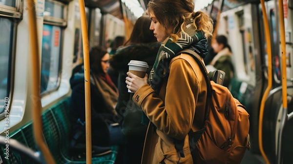 Fototapeta Young Woman Commuting on Crowded Subway with Coffee in Hand