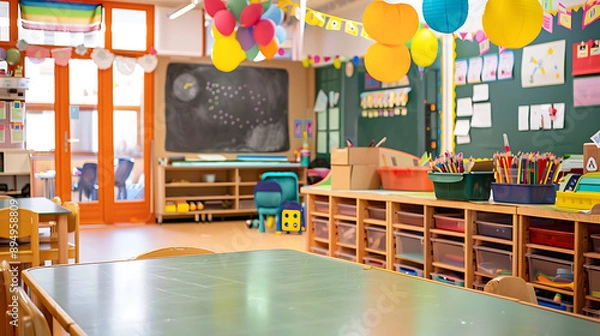Fototapeta Colorful Classroom With Tables, Chairs, And Decorations