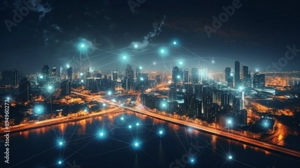 Fototapeta 5G, 6G, Big data wireless network, high speed internet, cloud computing or connect diagram technology, Data storage, service, synchronize, online, financial, Connectivity global, smart city, Gen AI
