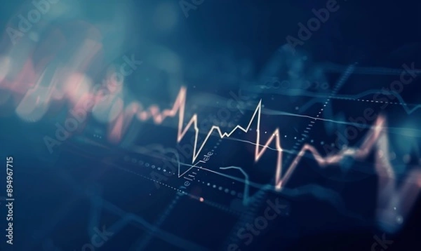 Fototapeta Something like white lines on a dark blue background with the concept of digital health and medical data visualization. A close-up view of an ECG lightly blurred, like an audio wave or line graph
