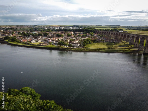 Fototapeta Aerial view of Berwick-upon-Tweed with bridges, England