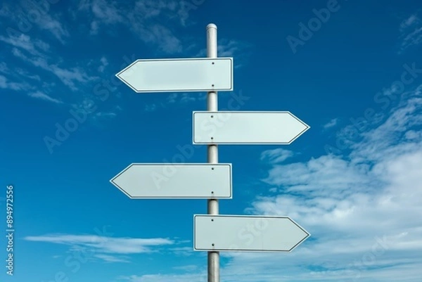 Fototapeta An image of four blank white road signs pointing in different directions against a background of a bright blue sky with scattered clouds.