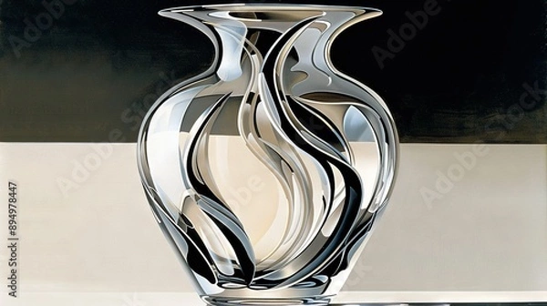 Fototapeta  A black-and-white striped vase rests on a table against a backdrop of alternating black-and-white stripes