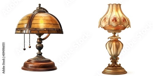 Fototapeta Elegant table lamps showcasing vintage design with intricate details and warm glass shades, perfect for stylish lighting solutions.