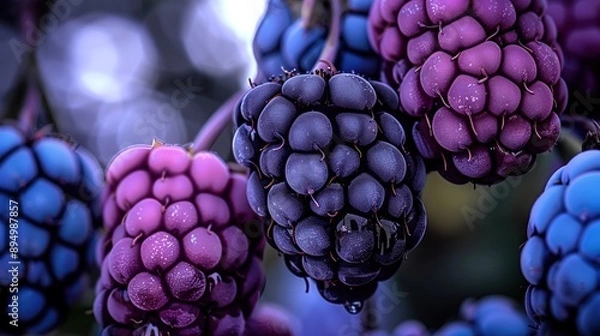Fototapeta   A zoom-in of several ripe berries dangling from a branch, adorned with droplets of dew