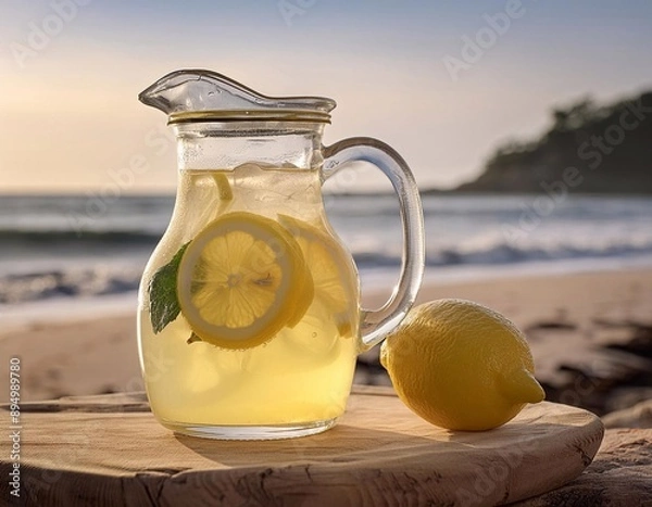 Fototapeta A steamy jug of lemonade with lemon slices and ice stands on the beach on gold sand. Ocean with waves. Sea vacation. Food and drink background