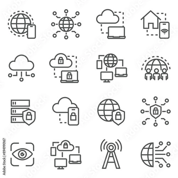 Obraz Cyber Security Information Technology Icons with White Background and Outline vector