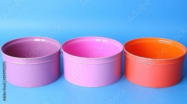 Fototapeta   Three blue and pink plastic containers stacked with one in the center