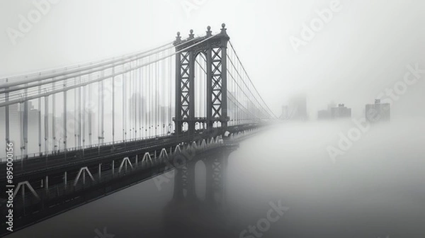 Fototapeta Misty morning view of a suspension bridge disappearing into the fog, with a city skyline faintly visible in the background.