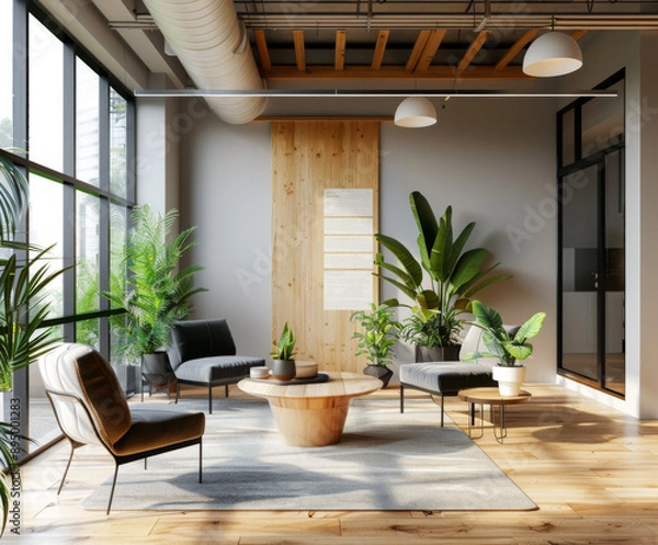 Fototapeta Stylish office interior with meeting and coworking area, relax corner and window