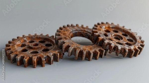 Fototapeta Rusty metal gears in horizontal view on gray background