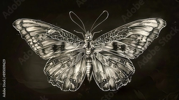 Fototapeta Sketch of a butterfly with spread wings, with details on a black background. The wings are richly decorated with delicate patterns, creating an impressive, artistic background.