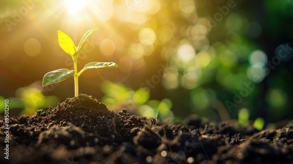 Fototapeta Young plant sprouting from soil, bathed in warm sunlight with blurred greenery in the background. Growth and renewal concept.