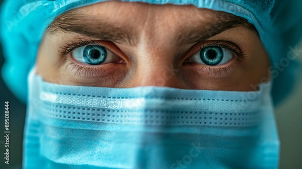 Obraz Close-up of medical professional wearing blue surgical mask and cap. Generative AI	